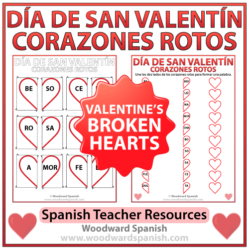 Valentineâ€™s Day Broken Hearts Worksheet and Flash Cards in Spanish