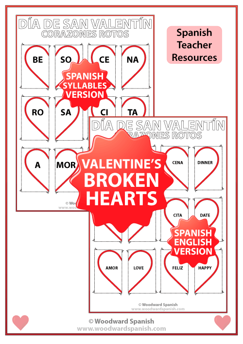 Valentine’s Day Broken Hearts Worksheet and Flash Cards in Spanish ...