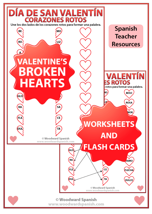 Valentine’s Day Broken Hearts Worksheet and Flash Cards in Spanish ...