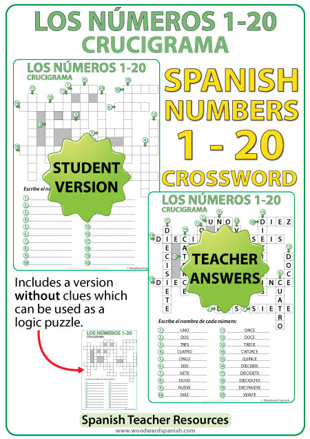 Spanish Numbers 1 To 20 Crossword Crucigrama Woodward Spanish