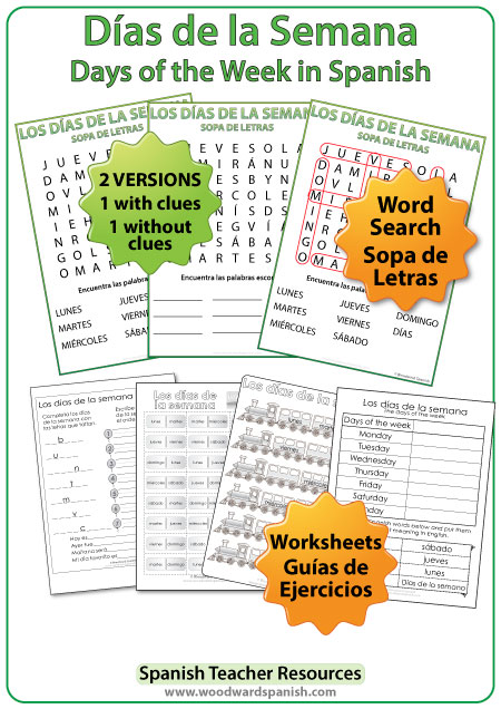 Spanish Days of the Week Worksheets and Word Search