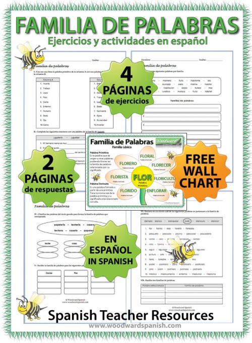 Word Families in Spanish Worksheets and wall chart - Ejercicios de Familia de palabras en español