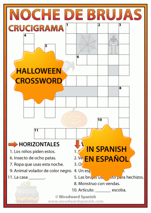 Crossword in Spanish with vocabulary about Halloween - Crucigrama en español de la Noche de Brujas