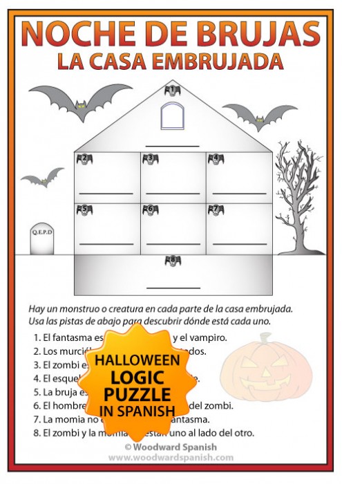 Logic Puzzle in Spanish about Halloween using Prepositions of Place and a Haunted House.