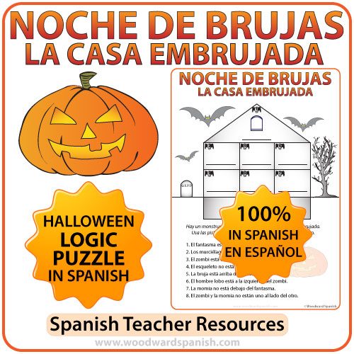 Halloween Logic Puzzle in Spanish using Prepositions of Place and a Haunted House.