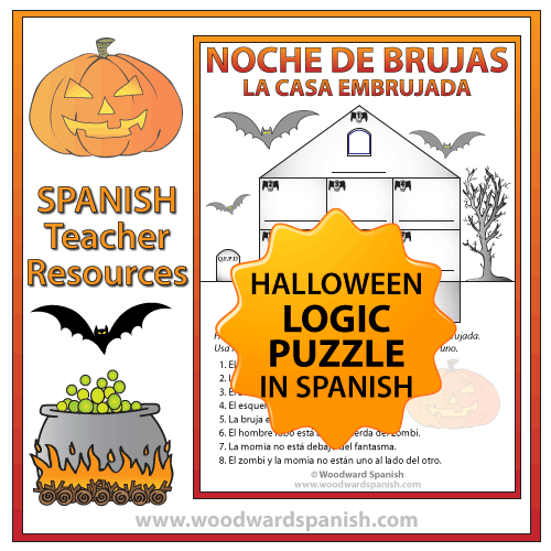 Halloween Logic Puzzle in Spanish using Prepositions of Place and a Haunted House.
