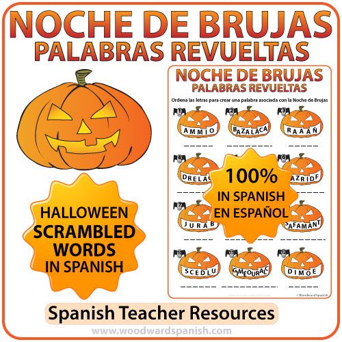 Halloween Scrambled Words in Spanish Worksheet. Noche de Brujas - Palabras Revueltas.