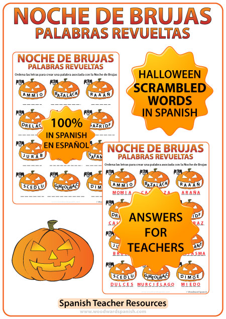 Scrambled Halloween Words in Spanish Worksheet. Palabras revueltas con vocabulario acerca de la Noche de Brujas.
