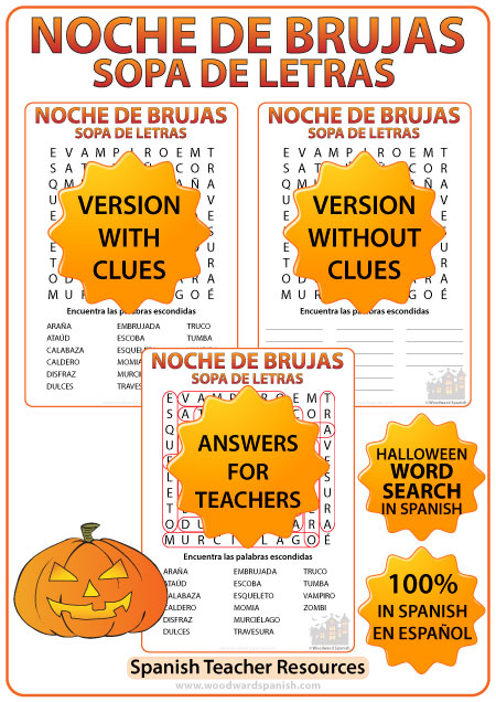 Word Search with Vocabulary about Halloween in Spanish. Sopa de Letras con vocabulario en español acerca de la Noche de Brujas