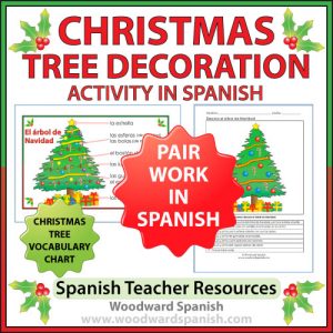 Christmas Tree Decoration Pair Work Activity in Spanish with Vocabulary Chart