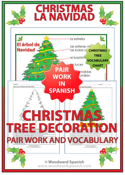 Christmas Tree Decoration Activity with Spanish Vocabulary Chart