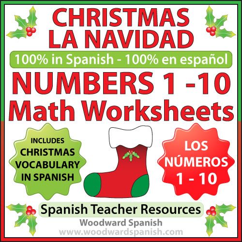 Christmas Math Worksheets in Spanish - Counting Spanish numbers from 1 to 10