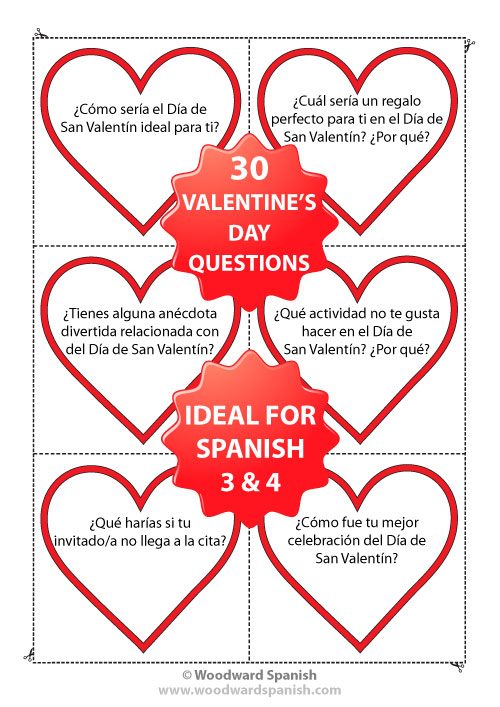 Spanish Conversation Cards containing questions relating to Valentine's Day - Preguntas de conversación - Día de San Valentín