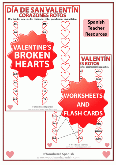 Valentine's Day Spanish Worksheet - Broken Hearts join the syllables to make a Valentine word
