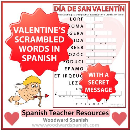Valentine's Day Scrambled Words in Spanish with a secret message to decode.