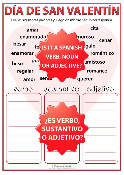 Valentine's Day Spanish Worksheet - Is the word a Verb, Noun or Adjective?