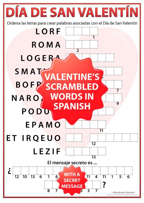 Valentine's Day Scrambled Spanish Words with a secret message to decipher.