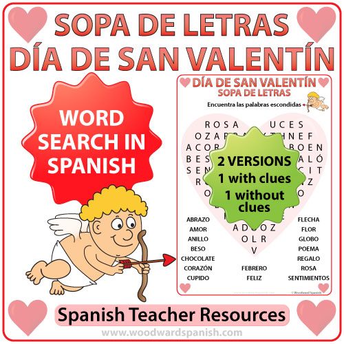 Valentine's Day Word Search in Spanish - Sopa de Letras - Día de San Valentín