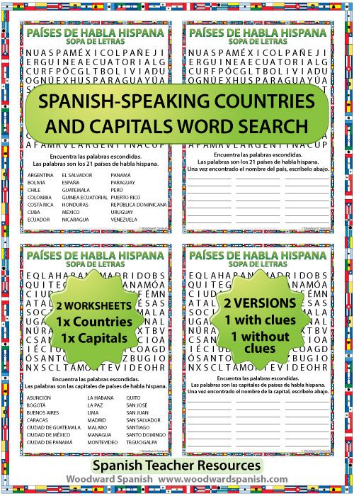 21 Spanish-speaking countries and capital cities word search - Sopa de letras