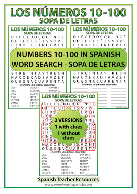 Spanish Word Search Numbers 10-100 - Sopa de letras - Los números
