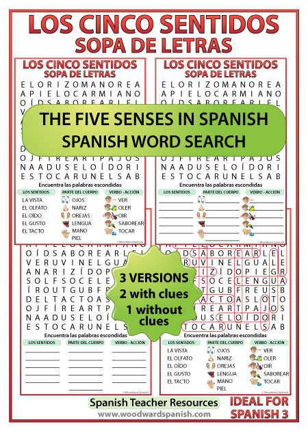 5 Senses in Spanish Word Search. Los cinco sentidos en español. Sopa de letras.