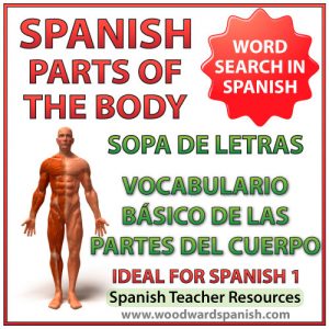 Basic parts of the body in Spanish Word Search. Partes del cuerpo humano - vocabulario básico - Sopa de letras