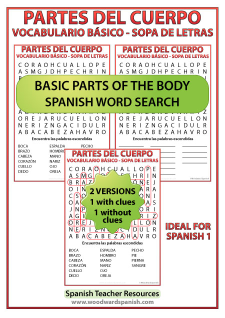 Spanish basic parts of the body Word Search. Partes del cuerpo humano - vocabulario básico - Sopa de letras