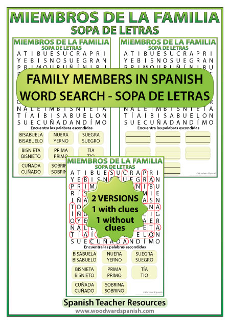 Spanish Extended Family Members Vocabulary Word Search. Sopa de letras - Miembros de la familia en español.