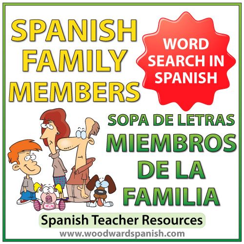 Members of the family in Spanish Word Search. Sopa de letras - Miembros de la familia en español.