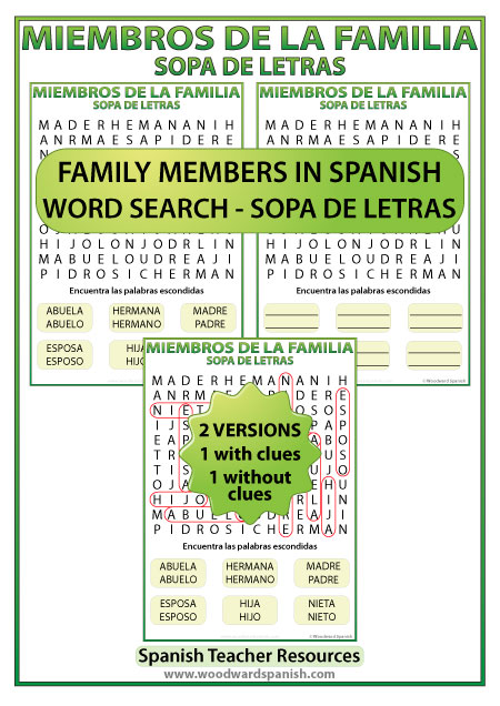 Spanish Family Members Word Search. Sopa de letras - Miembros de la familia en español.