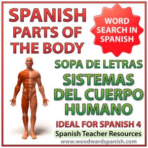 Names of body systems in Spanish - Word Search. Sopa de letras - Sistemas del cuerpo humano en español.