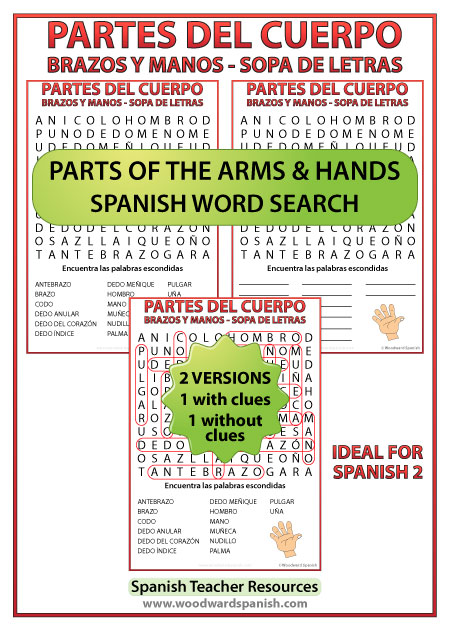 Spanish Vocabulary about Parts of the Arm and Hand - Word Search - Vocabulario de los brazos y las manos - Sopa de letras