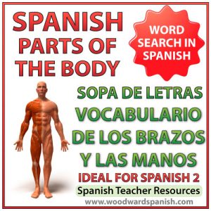 Parts of an Arm and Hand Spanish Vocabulary Word Search - Sopa de letras - Vocabulario de los brazos y las manos