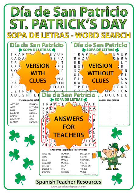 Spanish St. Patrick's Day Word Search - Sopa de Letras del Día de San Patricio