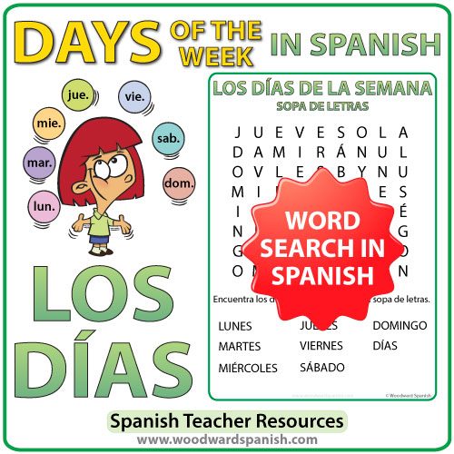 Spanish Days of the Week Word Search - Sopa de Letras con los días de la semana en español