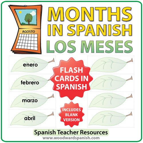 Spanish Flash Cards with the months of the year. Tarjetas con los meses del año en español