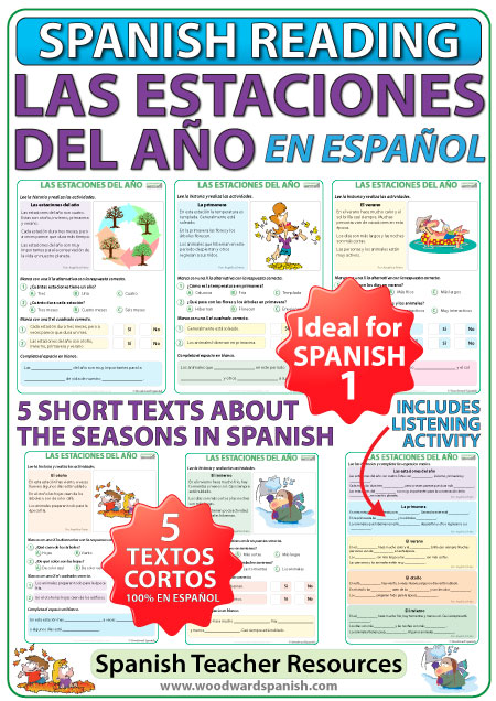 Seasons in Spanish reading activities - Las estaciones del año en español - Actividades de comprensión de lectura.