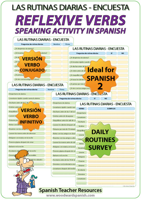 Spanish reflexive verbs speaking activity - Daily Routines Survey - Una encuesta de las rutinas diarias