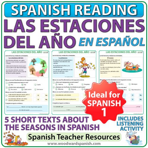 Seasons in Spanish reading comprehension and vocabulary - 4 textos cortas de las estaciones del año con actividades de comprensión de lectura.