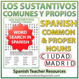 Los sustantivos comunes y propios en español - Sopa de Letras - Spanish Common Nouns and Proper Nouns Word Search
