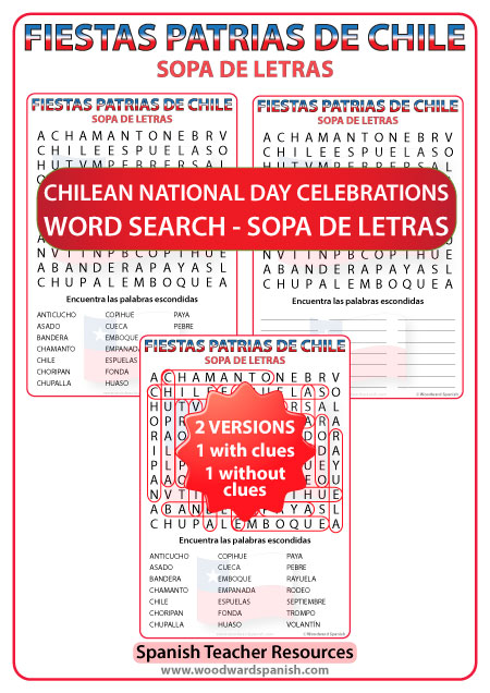 Sopa de letras con vocabulario de las Fiestas Patrias de Chile - Chilean National Day Celebrations Word Search