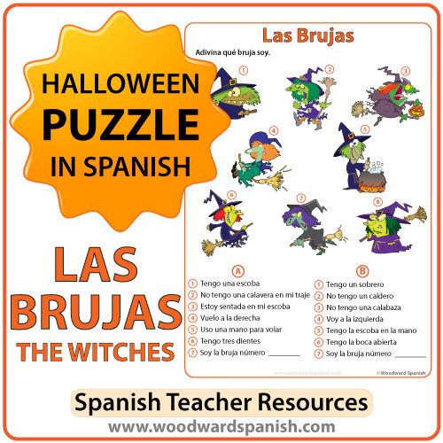 Spanish Halloween puzzle about witches (brujas) with a bonus coloring page