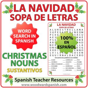 Word Search with Christmas Nouns in Spanish. Sopa de Letras - Sustantivos relacionados con la Navidad en español.