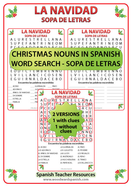 Word Search with Christmas Nouns in Spanish. Sopa de Letras - Sustantivos relacionados con la Navidad en español.