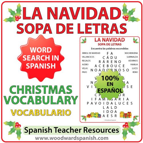 Word Search with Christmas Vocabulary in Spanish. Sopa de Letras usando vocabulario relacionado con la Navidad en español.