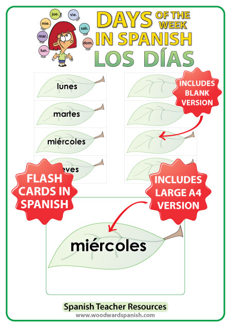 Spanish Flash Cards - Days of the week in Spanish. Tarjetas con los días de la semana en español