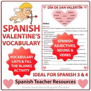 Spanish Valentine's Day Vocabulary Lists with Fill the Blanks Worksheets.