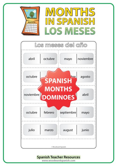 Spanish months of the year dominoes game - juego de los meses del año