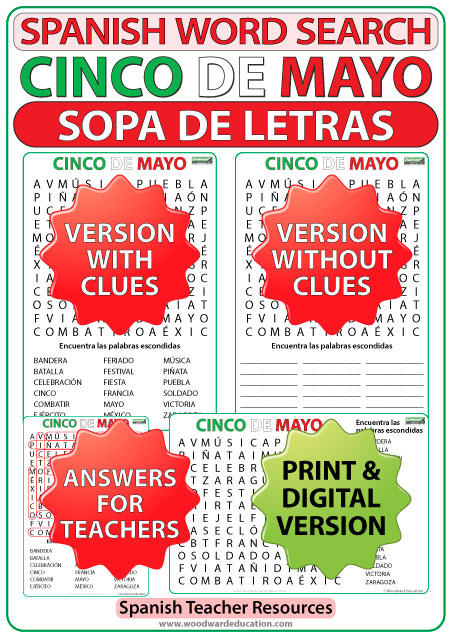 Spanish Word Search with Vocabulary about Mexico's Cinco de Mayo. Sopa de Letras - Vocabulario en español relacionado con el Cinco de Mayo.