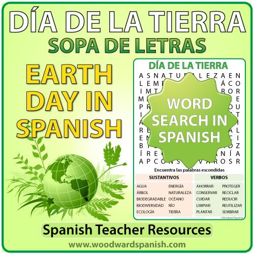 Word Search with Earth Day Vocabulary in Spanish. Sopa de Letras - Vocabulario relacionado con el Día de la Tierra en español.